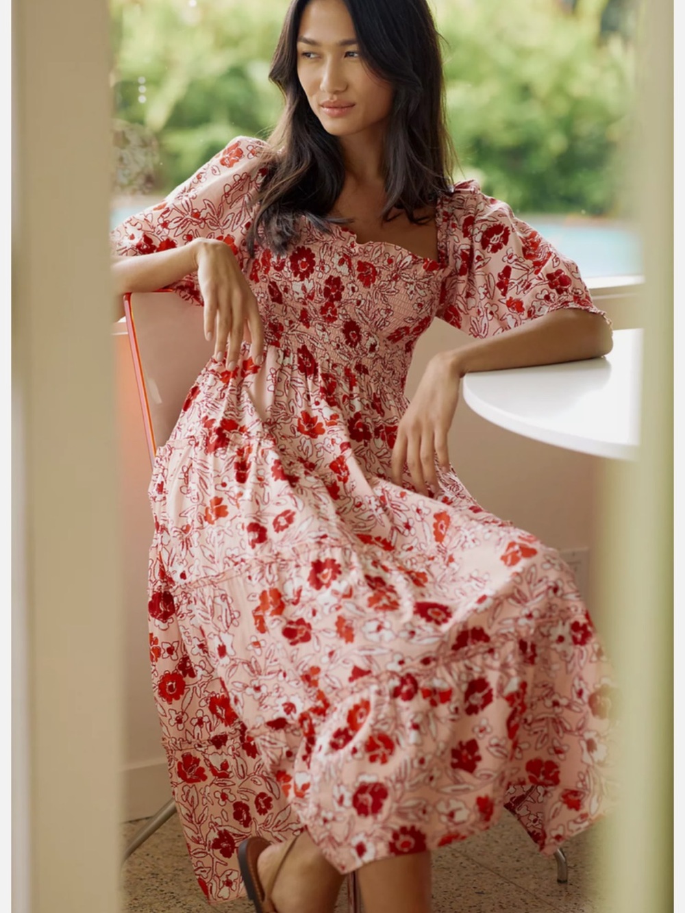Anthropologie Ro’s Garden Floral Puff-Sleeve Midi Dress in Pink and Red
